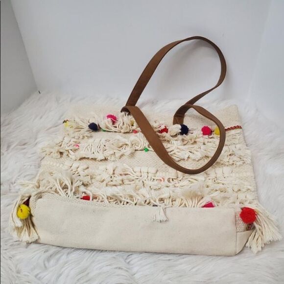 Sonoma Women’s Large Canvas Tote Purse Cream Multi-Color Pom Pom - Picture 5 of 9